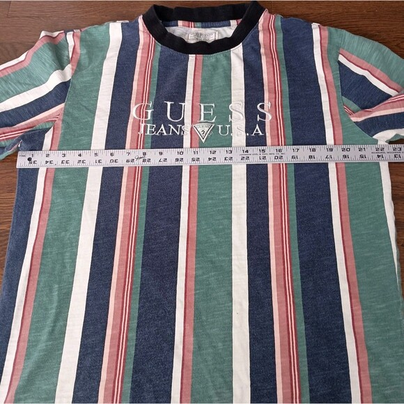 Guess Jeans Shirt Mens Medium Spellout Colorblock Retro Style Striped Tee FLAWS - Picture 4 of 15